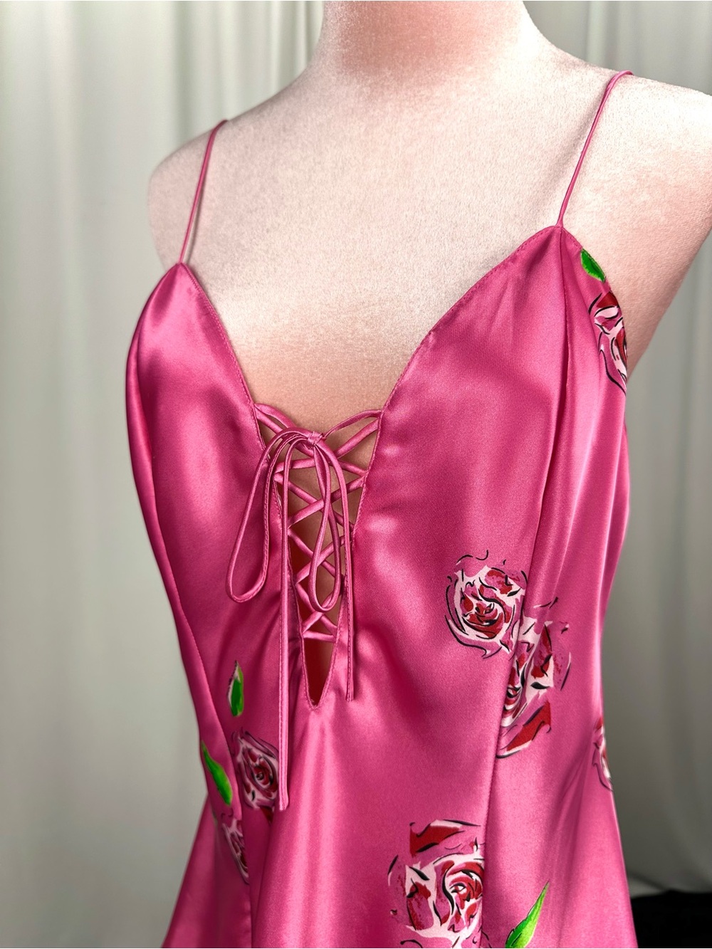 Vintage La Senza Pink Satin Rose Lace Up Babydoll Camisole Y2K Medium - Picture 11 of 16